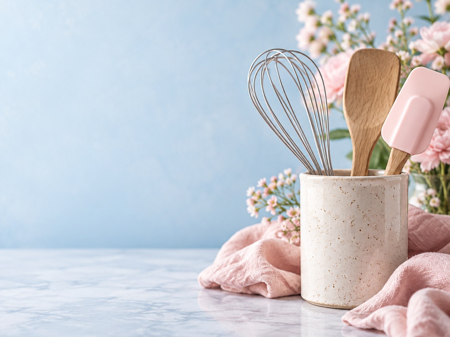 A whisk and baking spatulas in a ceramic crock