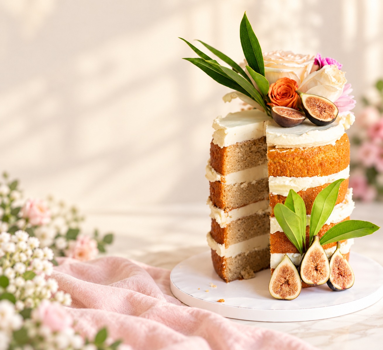 Our naked cake decorated with figs, roses and fresh greenery